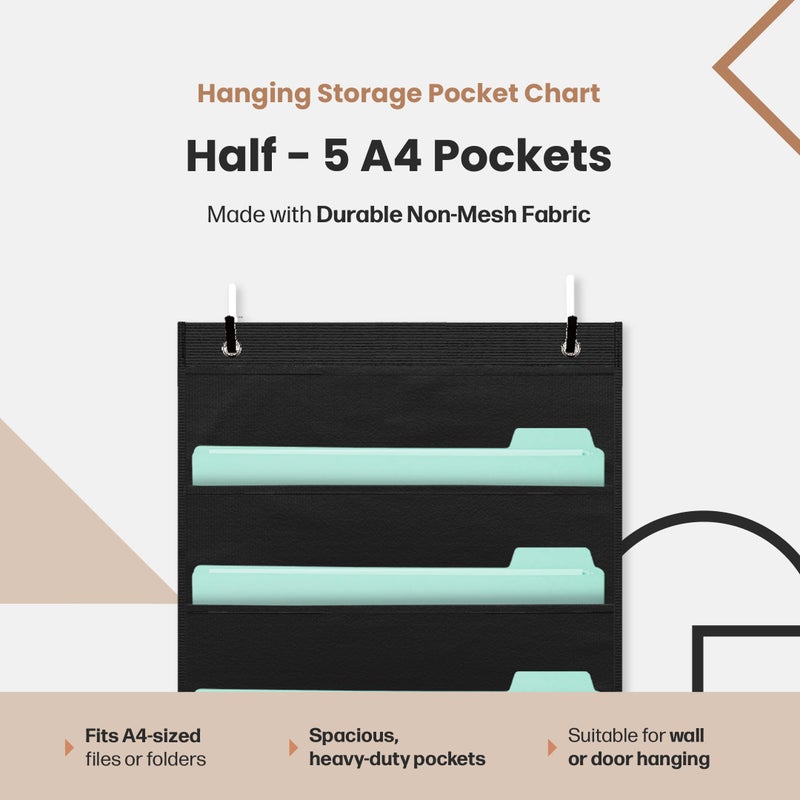 Hippo Creation Heavy Duty Storage Pocket Chart for Classroom, 5 Pocket Storage Organizer with 2 Over-Door Hangers, Hanging Wall Organizer for File Folders, School Mailbox, Home Office Papers - Black - Image 2